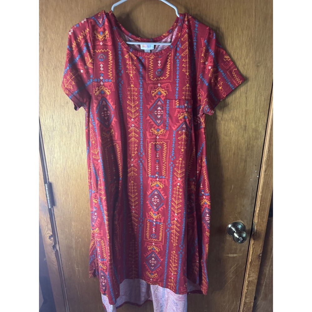 LuLaRoe Carly Dress Womens Small Red Geometric Tribal High Low Pocket Tunic